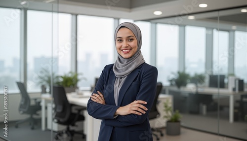 Portrait of successful and happy businesswoman in hijab, office worker smiling and looking at camera with crossed arms, working inside modern office.
