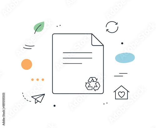 Recycled Paper Artistry. Minimal recycled paper illustration. A single recycled paper sheet centered with abstract accents floating around. Simplicity, reuse,