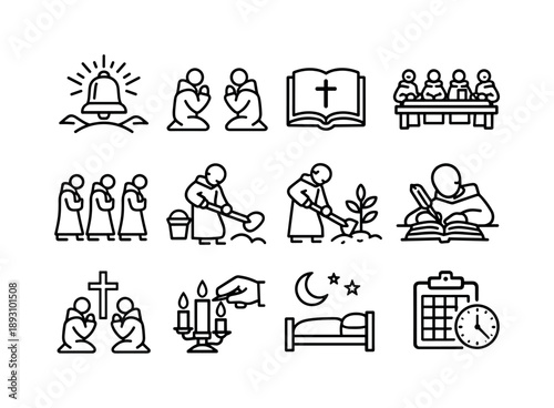 Monastery Routine Icons. Monastery Daily Routine. Line icon set of Monastery Daily Routine: sunrise bell, morning prayer, reading scripture, communal meal,