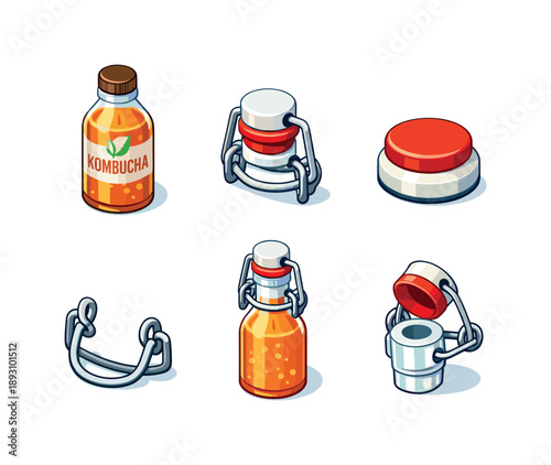 Craft Beverage Icons. Craft Beverage. Isometric flat vector icons set of Craft Beverage: kombucha glass bottle, swing top closure system, rubber sealing cap,