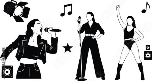 Minimalist black and white vector art of female singers performing with microphone hand gestures music notes studio spotlight and speakers silhouette style