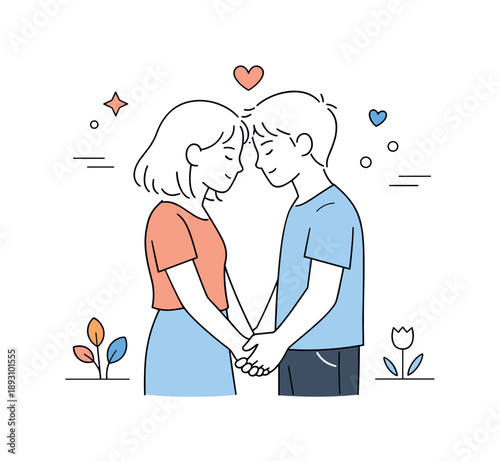 Tender Connection Poster. Romantic couple poster. Two minimal characters standing close, holding hands or sharing a quiet moment. Tender connection, trust and