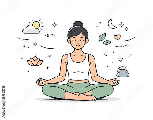 Calm Mindful Moment. Yoga and mindfulness routine. A person finishes a session sitting quietly, feeling grounded and calm. Emotional clarity, renewal, and