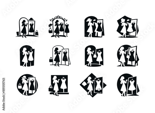 Fashion Emblem Designs. A fashionista putting together an outfit with accessories in front of a mirror. Icon set. Set Logo of a fashionista putting together an
