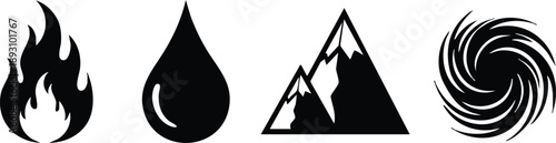 Minimalist monochrome icon set of flame droplet mountain and vortex shown in a horizontal layout isolated on white background vector art flat simple bold centered closeup