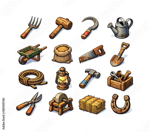 Rustic Farm Tools Icons. Rustic Tools. Colorful isometric vector icons set of Rustic Tools: worn pitchfork, cracked handle, wooden grain, aged finish, farm