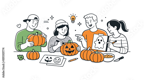 Pumpkin Carving Fun. Friends carving pumpkins preparation. Friends choosing pumpkins and sketching faces before carving. Playful planning and