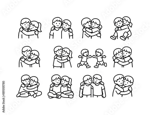 Sibling Hug Icons. Sibling Hug. Line icon set of Sibling Hug: brother and sister hug, siblings side hug, children embracing, playful hug, comforting sibling