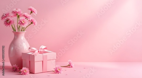Happy mother's day gift ideas with beautiful pink flowers and wrapped presents
