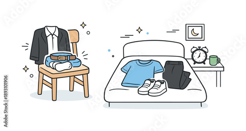 Morning Wardrobe Prep. Setting out clothes for the morning. A calm home scene with neatly arranged clothes on a chair and bed, suggesting preparation and a