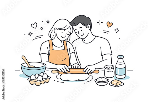 Baking Harmony. Sweet homemade baking. A couple sharing a quiet baking moment, dough, rolling pin, and ingredients placed simply, soft mood of care and