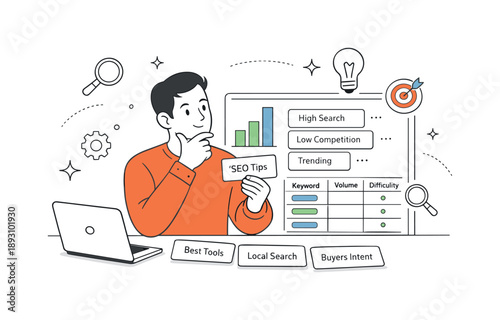 SEO Keyword Planning. Keyword research process. A professional selecting keywords from cards and charts on a screen. Thoughtful and methodical SEO planning