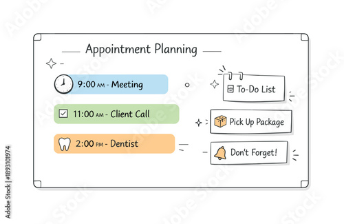 Efficient Appointment Planning. Appointment planning overview. A close-up view of a whiteboard section with highlighted time blocks and simple reminders. The