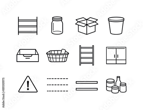 Empty Storage Icons. Empty storage visuals. Line icon set of Empty storage visuals: shelf outline, lonely jar, vacant box, empty bin, open drawer, half-full