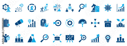 Business Strategy Icon Set. Contains Icons That Are Relevant For Business. Designed In Vector Dual Tone Style