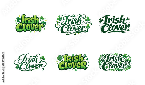 Stylish Clover Lettering. Irish Clover Doodle. Set lettering. harmonious lettering variations of the same emblematic concept, each with different artistic
