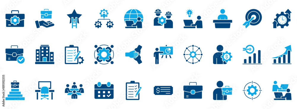 Obraz premium Work Icon Set. Contains Icons That Are Relevant For Business. Designed In Vector Dual Tone Style