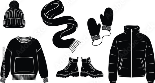 Black silhouette winter clothing set including knitted hat with pompom wool sweater long scarf mittens rugged boots and quilted puffer jacket isolated on white background