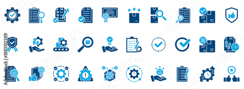 Quality Control Icon Set. Contains Icons That Are Relevant For Business. Designed In Vector Dual Tone Style