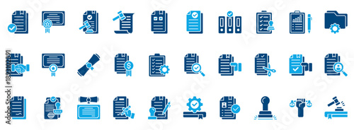 Legal Document Icon Set. Contains Icons That Are Relevant For Business. Designed In Vector Dual Tone Style
