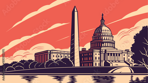 Washington dc skyline with the washington monument and us capitol building, featuring a stunning reflection. Suitable for travel and political concepts.