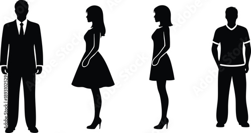 Silhouette vector art showing man in suit standing front view and two women in dress side profile with man in casual t shirt front stand monochrome