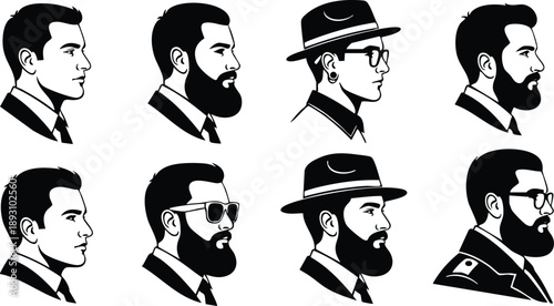 Minimalist black and white vector art showing diverse male profiles with beards glasses hats and formal collars viewed from side different facial hair styles and accessories