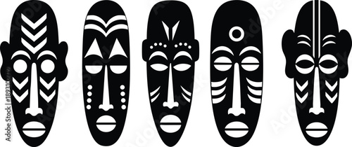 Black and white minimalist vector art five tribal masks with geometric face paint designs and stylized expressions in symmetrical arrangement isolated on white background
