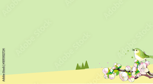 梅の花とメジロが春を告げる和風のベクター背景素材（余白あり）