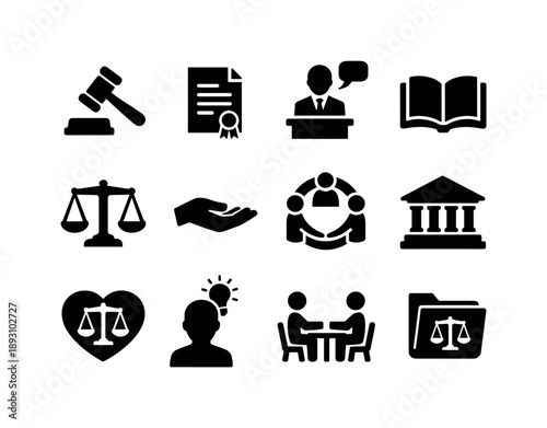 Legal Aid Icons. Legal aid icons. Solid icon set of Legal aid icons: gavel symbol, legal document, lawyer speaking, open book, justice scales, outreach hand,