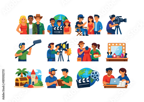International Film Crew Icons. International film crew. Colorful flat vector icons set of International film crew: multicultural actors, global film team,