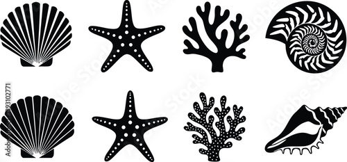 Black and white vector silhouette collection of seashells starfish coral shapes spiral and conch shell designs isolated on white background with detailed marine life elements