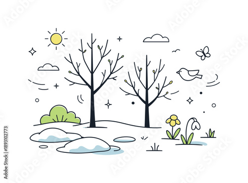 Winter's Gentle Transition. Winter fading away. Bare trees with small buds and patches of snow slowly disappearing from the ground. Calm visual story of