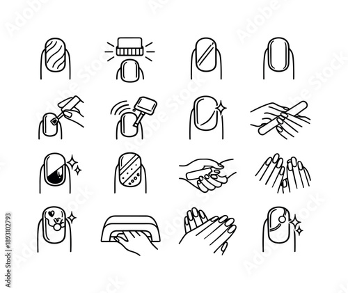 Magnetic Nail Art Icons. Magnetic nail art. Line icon set of Magnetic nail art: magnetic polish effect, nail magnet lines, light reflection stripe, metallic