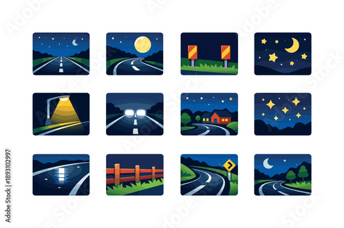 Night Road Icons. Night Road. Colorful flat vector icons set of Night Road: empty road at night, moonlit highway, road reflectors, dark sky, streetlight glow,