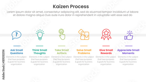 kaizen process infographic with horizontal balance symmetric layout with 6 step points for slide presentation