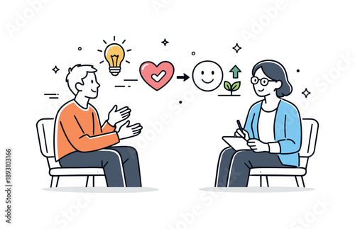Empathetic Therapy Session. Mental health support therapy. A friendly one-on-one therapy scene with a counselor listening attentively while a client speaks,