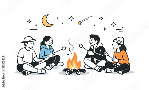 Cozy Campfire Gathering. Friends roasting marshmallows at night. Friends gathered near a small fire under the night sky, gentle flames and relaxed postures.