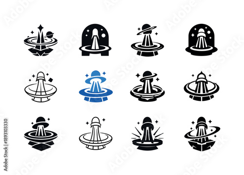 Futuristic Space Logos. Intergalactic travel. Icon set. Set Logo of Intergalactic travel: futuristic space beacon. harmonious logo variations of the same