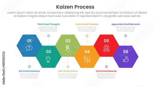 kaizen process infographic with hexagon shape horizontal up and down with 6 step points for slide presentation