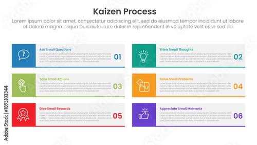 kaizen process infographic with big rectangle and square badge with 6 step points for slide presentation
