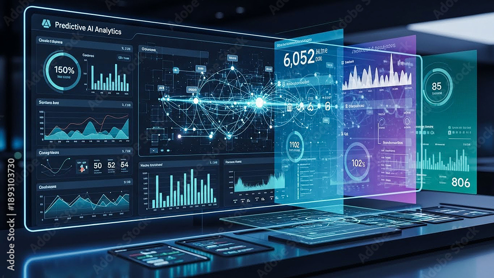 Obraz premium Futuristic Big Data Analytics Dashboard with Holographic Interface and Graphs
