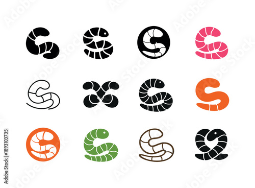 Worm Emblem Icons. Worms. Icon set. Set Logo of worms: worm emblem seal. harmonious logo variations of the same emblematic concept, each with different