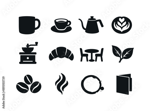 Coffeehouse Icon Set. Coffeehouse vibes. Solid icon set of coffeehouse vibes: mug silhouette, espresso shot, barista pot, foam art, grinder icon, pastry