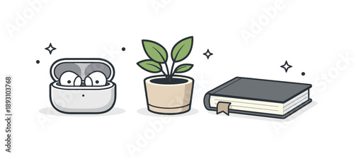 Tech-Nature Nightstand Balance. Bedroom nightstand objects. A nightstand setup with earbuds case, a small plant, and a closed book, showing tech-meets-nature
