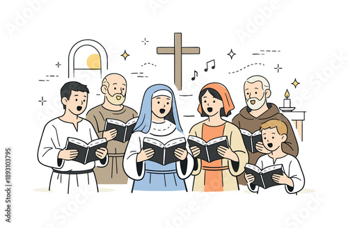Early Christian Hymnals. Early Christian hymns. Simple choir singing from handwritten hymn books inside a minimal church setting, peaceful and reverent mood.