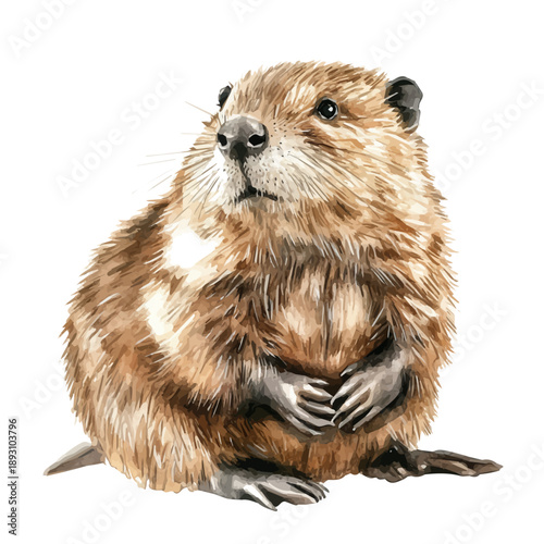 Beaver, watercolor vector depicting playful antics, isolated on a white background.