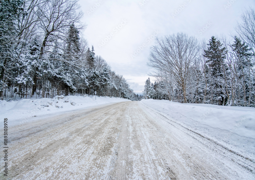 Fototapeta premium Snow road in New Hampshire after snow storm