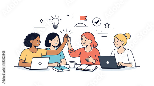Female Teamwork Illustration. Women collaboration. Female characters working together around a table with notebooks or laptops. The illustration highlights