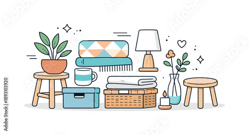 Scandinavian Home Style. Scandinavian design elements. A collection of household items like stools, textiles, plants, and storage boxes placed in a balanced